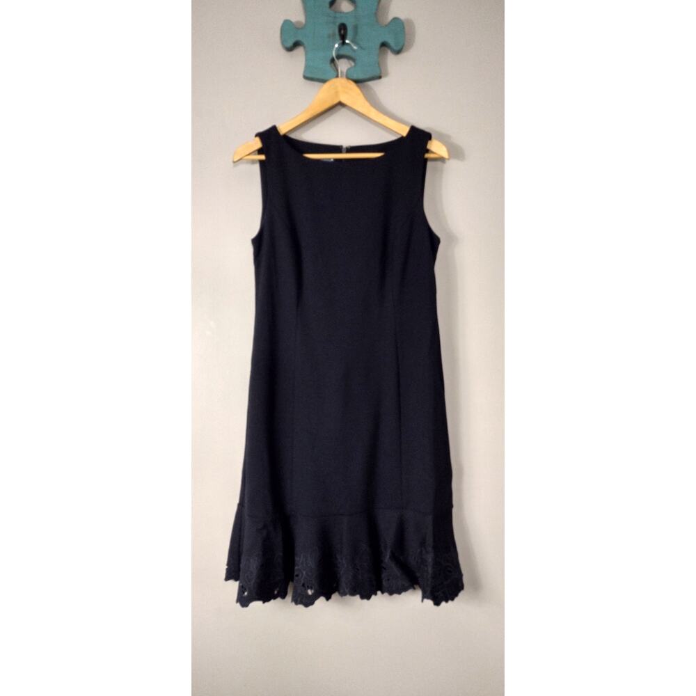 TALBOTS Sleeveless Flounce Dress Stretch Floral Trim Navy Size 8 - Picture 2 of 16
